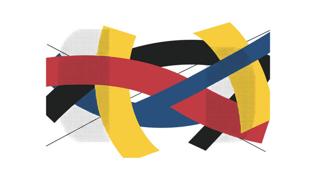 Complex abstract geometric background composed of overlapping curved bands in blue, red, yellow, and black colors.