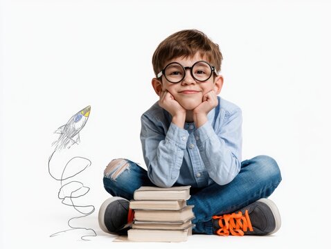 A young boy with large glasses sits cross-legged, resting his chin on his hands, smiling, next to a stack of books and a doodle of a rocket taking off.