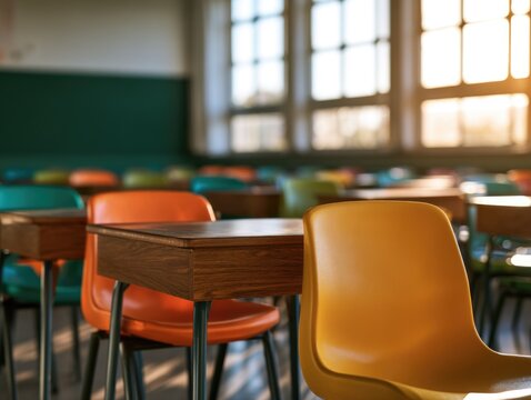 Empty classroom with colorful plastic chairs and wooden desks, sunlight streaming through large windows creating a warm, inviting atmosphere.