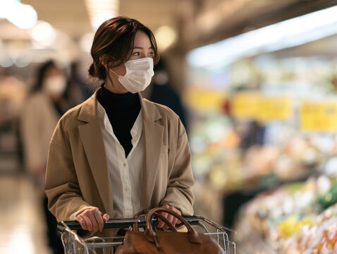 A woman wearing a face mask pushes a shopping cart in a brightly lit supermarket aisle.