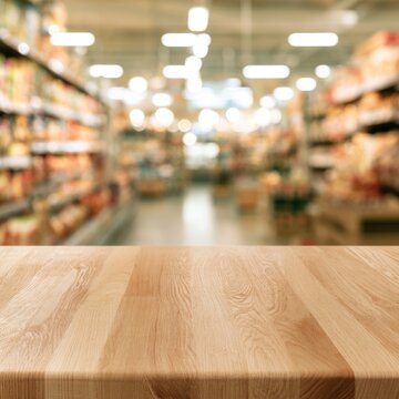 Wooden tabletop in focus with a blurred supermarket aisle full of various products and bright ceiling lights in the background.