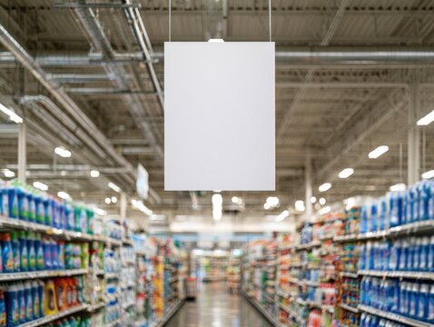 Blank white signboard hanging in the aisle of a brightly lit supermarket, surrounded by shelves filled with various products.