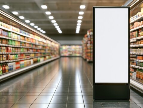 A brightly lit supermarket aisle with shelves stocked full of various products and a blank vertical advertising board in the foreground.