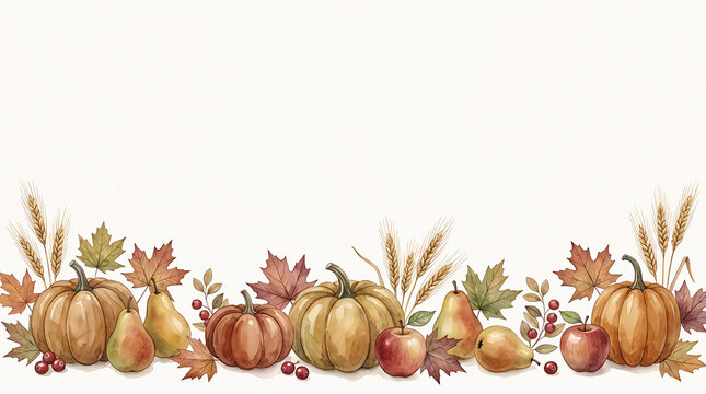 Autumn harvest border with pumpkins and colorful fall leaves for thanksgiving season