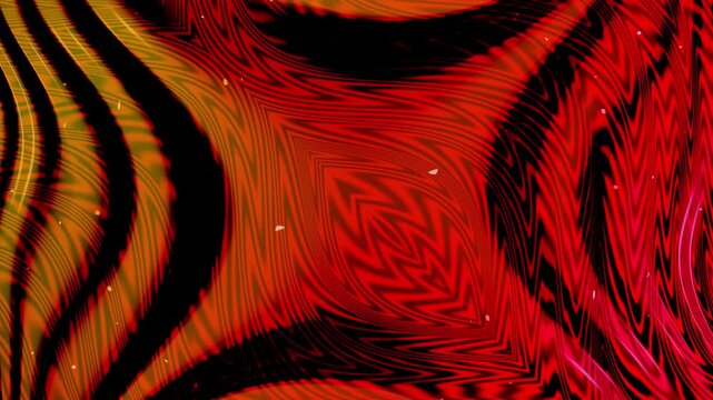 Bold red and orange motion background with flowing black wave lines, glowing particles, and neon pink accents.