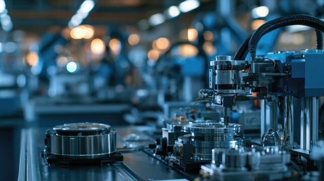 Automated robotic arms assembling hard drives in a modern, high-tech manufacturing facility with a blurred industrial background.