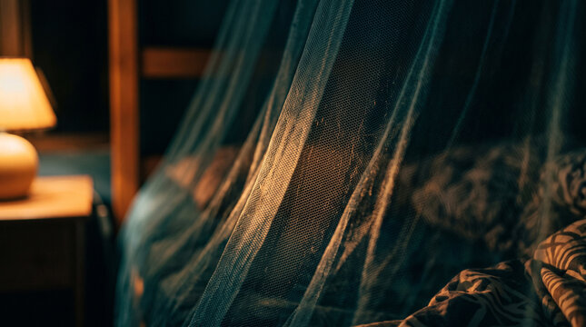 A mosquito net hangs over a bed illuminated by warm light in a dark room with while bedside lamp casts warm glow sheer mosquito drapes over translucent protection