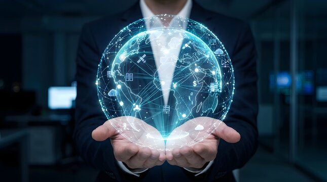 Businessman holding digital glowing holographic world globe representing global network connectivity and business technology innovation
