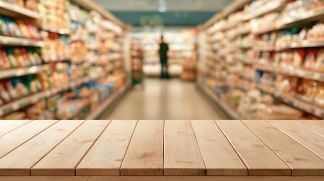 Empty wooden table in front of blurred grocery store aisles filled with various products and a person in the background.