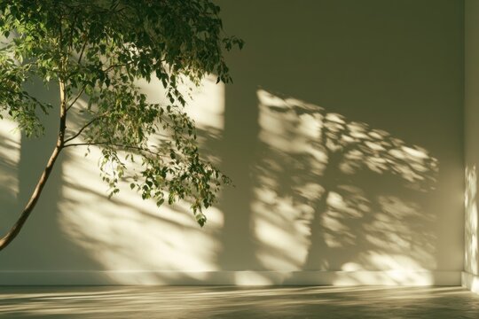 A leafy tree casts intricate shadows on a light-colored wall in a calm, minimalistic indoor setting with soft natural light.