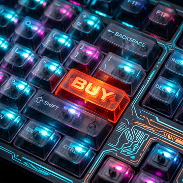Glowing BUY button on a mechanical keyboard with RGB lighting