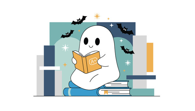 Adorable cartoon ghost sitting on a stack of books and happily reading under a night sky with flying bats and stars.