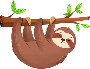 Cute cartoon sloth hanging on a tree branch in the jungle © andika96