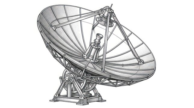 Modern Black and White of a Large Satellite Communication Parabolic Dish Antenna with Detailed Mechanical Mounting