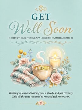 Get well soon card with tea cup, candle, flowers and healing thoughts message
