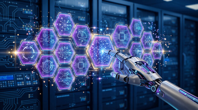 Robotic hand touching a digital interface of interconnected hexagonal icons representing artificial intelligence and cloud computing
