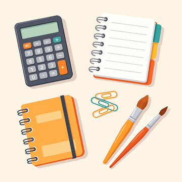 School Calculator Notebooks and Pencils Flat Lay Vector