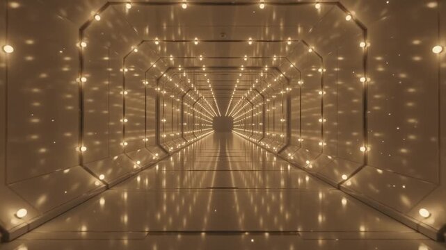 Infinite glowing tunnel corridor featuring bright warm light bulbs and sleek metallic walls in this modern digital motion animation clip
