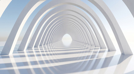 Fototapeta premium Abstract architectural background with white arches forming a long tunnel leading to a bright light, 3d render illustration
