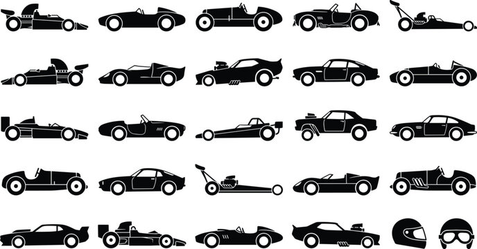 Vintage and modern racing car black silhouette icon set featuring dragsters and motorsport helmets