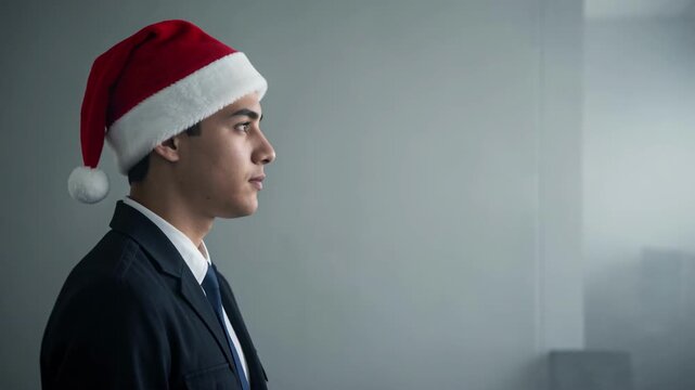 Businessman Wearing Santa Hat Side Profile Portrait.