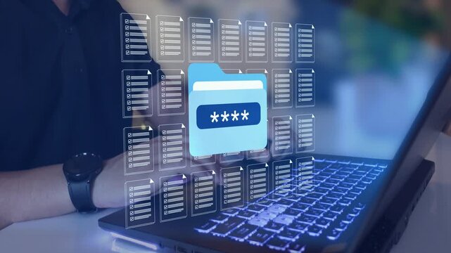Secure folder encryption and document privacy protection on a system interface. Concept of confidential data archive, file access control, and GDPR compliance defense. 