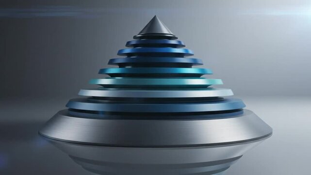 Abstract illustration of layered metallic pyramid structure with colorful rings, a futuristic design concept