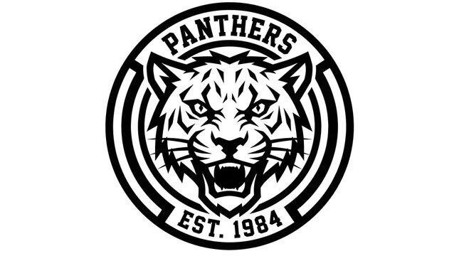 Circular black and white panther head mascot logo design with an established date of nineteen eightyfour.