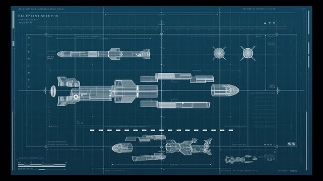 Futuristic Spaceship Blueprint Schematic Technical Engineering Animation.