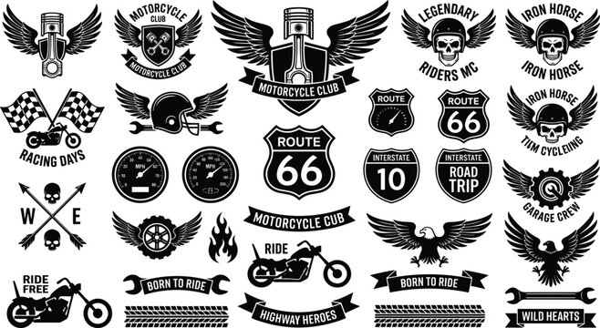Vintage motorcycle club logo set with biker skulls, winged pistons, and custom chopper badges