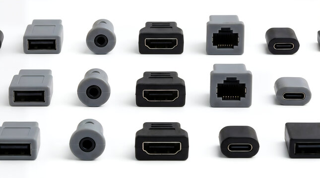 Various electronic connector adapters arranged neatly in rows with cable adapter