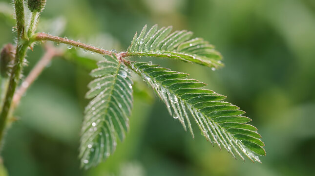 Dewy mimosa pudica sensitive plant with feathery foliage in soft morning light, ideal for naturethemed designs and macro photography.