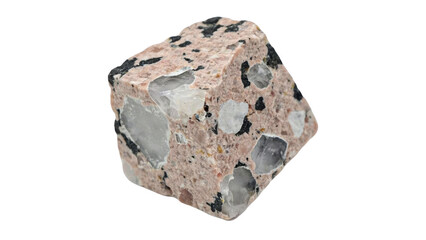 Obraz premium Rough cut piece of pink granite rock with embedded quartz crystals and black mineral inclusions isolated on a transparent background