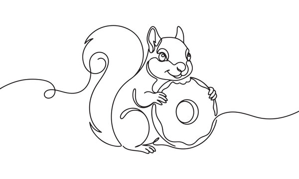 Continuous single line of a happy squirrel holding a large round donut with a hole in the center, isolated on a white background, minimalist simple black outline