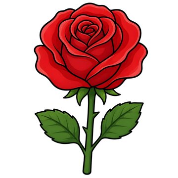 Single beautiful red rose cartoon vector illustration. Red rose flower with green leaves isolated on white background.