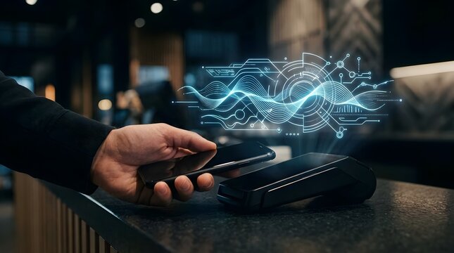 Modern Digital Payment using Mobile Phone. Futuristic Cashier Checkout Counter.