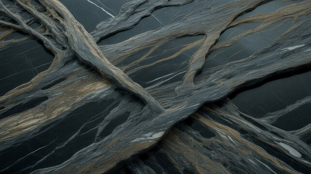 Dark marble slab displays intricate vein patterns resembling tree roots and branches