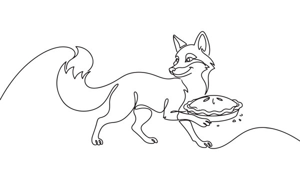 Single continuous line of a clever fox walking and carrying a freshly baked pie on a white background, minimalist black ink stroke for food projects