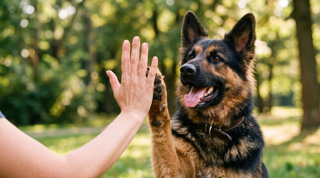 Close-Up High-Five Between a Volunteer's Hand and a Dog's Raised Paw