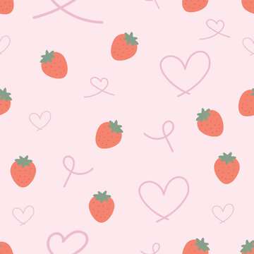 Strawberry, line art hearts, and ribbon loops seamless pattern.