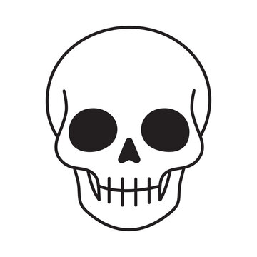 Halloween human skull filled line icon with editable stroke. Linear vector illustration of a scary skull with black eye sockets and teeth isolated on a white background.