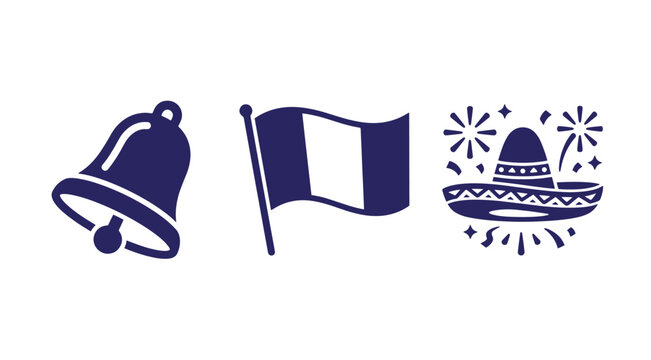 Bell flag and sombrero hat with confetti vector icons for festival and celebration vector icon confetti festival celebration tradition fireworks national heritage mariachi
