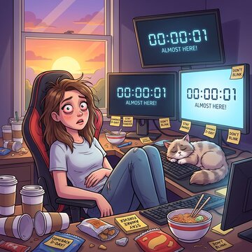 Funny satirical illustration of a sleep deprived K-pop fan staying awake all night and staring at multiple countdown screens while waiting for a music comeback