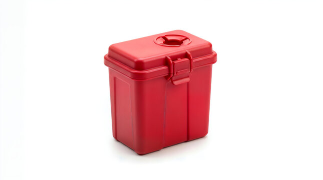 Red plastic storage box with secure lid and latch closure