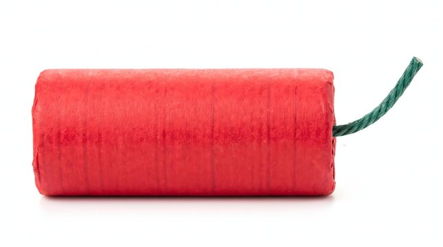 Single red firecracker with a green fuse isolated on a white background for holiday celebrations