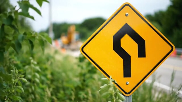 Warning sign for a hairpin turn on a road with construction equipment and blurred natural background
