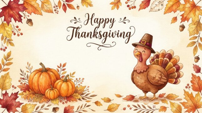 Watercolor thanksgiving background with a cute turkey pumpkins and colorful autumn leaves frame for holiday greeting cards