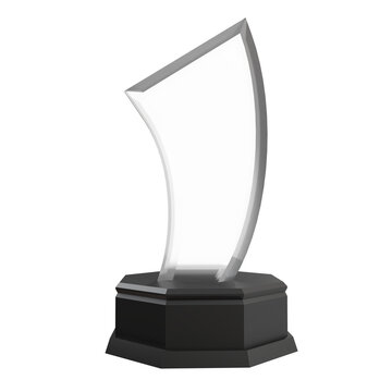 3D render of a blank transparent glass award trophy with a solid black hexagonal base. This customizable mockup is ideal for corporate recognition presentations, achievement certificates, and commerci