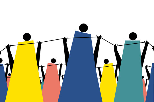 Abstract vector illustration of diverse people connected by ropes, representing teamwork, cooperation, communication and social connection
