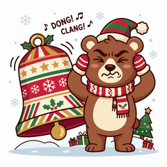 Naklejka premium A funny christmas bear mascot covering ears while a loud holiday bell rings